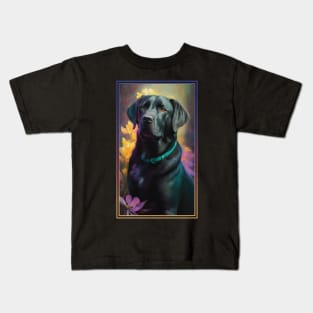 Black Labrador Retriever Dog Vibrant Tropical Flower Tall Digital Oil Painting Portrait 2 Kids T-Shirt